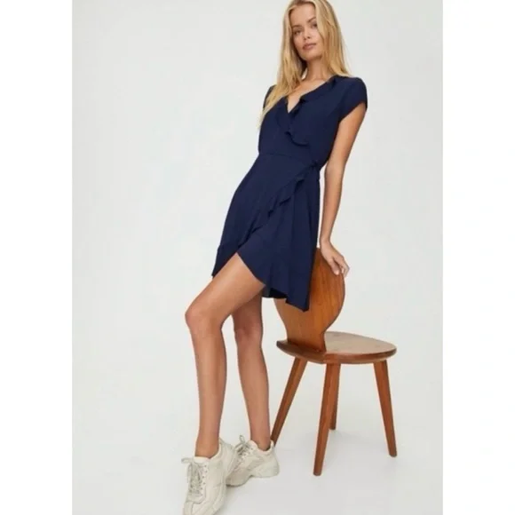 (NWT) SUNDAY BEST • Aritzia Navy Blue Savoy Ruffle Wrap Mini Dress, S - Picture 16 of 16